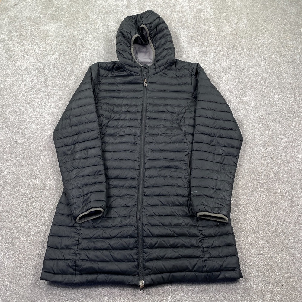 Eddie Bauer Microlight EB700 Parka Women Size S Black Quilted Down Hooded Jacket
